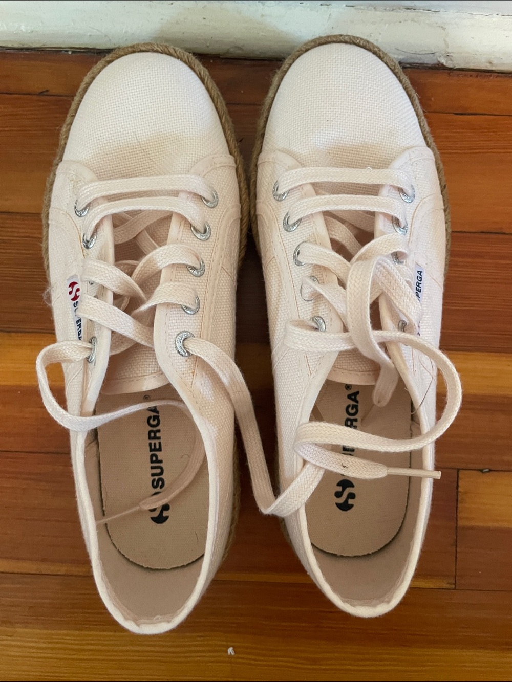 Superga Canvas Lace-Up Sneakers in Pale Pink with Espadrille Trim
